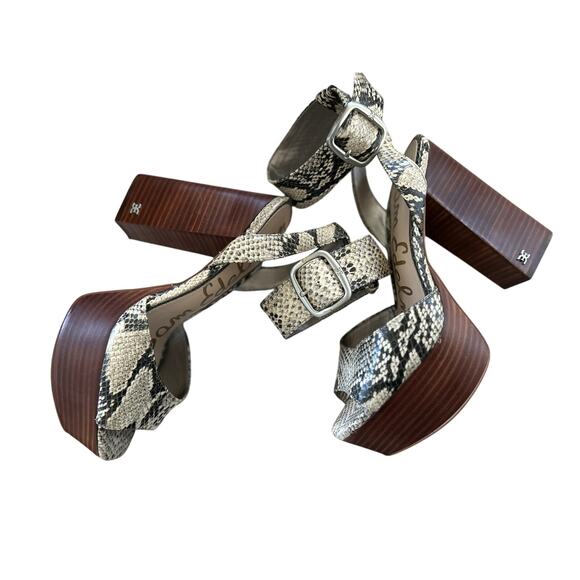 Sam Edelman Rain White Snakeskin Print Stacked Brown "Wood" Platform Heel - Picture 5 of 9